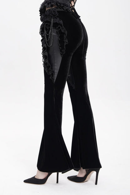Black Ruffled Spliced Women's Gothic Floral Faux Leather&Velvet Ruffle Pants