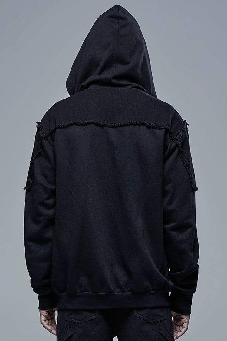 Black Punk Front Lace Up Decoration Long Sleeve Knit Hoodie Men's Coat
