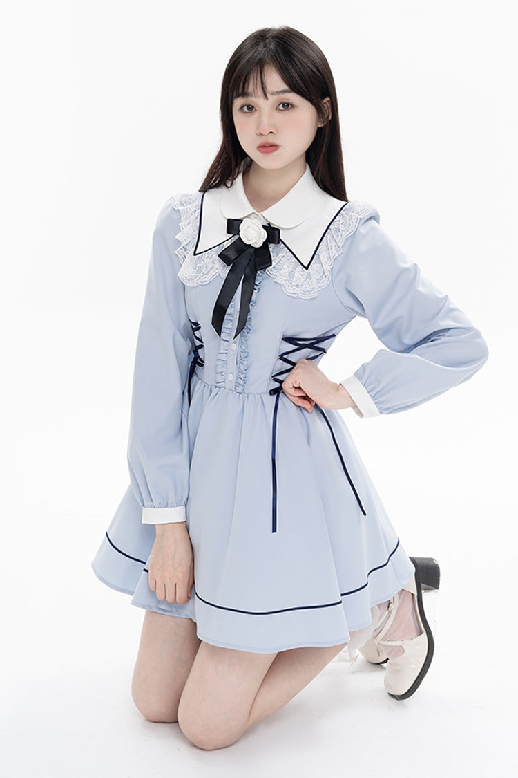 Blue Lapel Collar Long Sleeves Bowknot Lace-Up Jirai Kei Dress