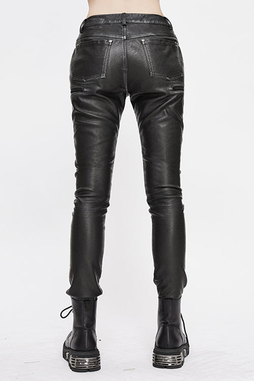 Black Punk Biker Block Shaped Patchwork Hand Rubbed Leather Womens Pants