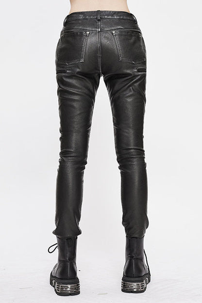 Black Punk Biker Block Shaped Patchwork Hand Rubbed Leather Womens Pants