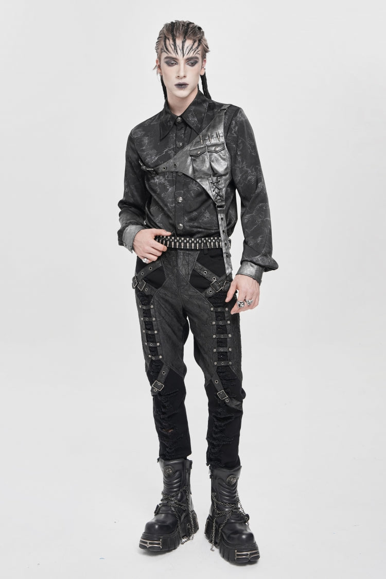 Black Ripped Buckle Straps Men's Punk Pants
