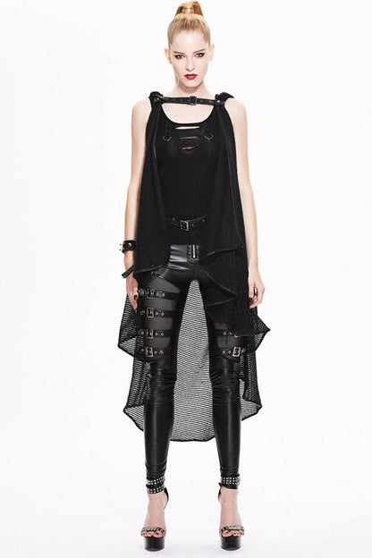 Black Sleeveless Irregular Fishing Net Long Style Hooded Womens Gothic Shawl Coat