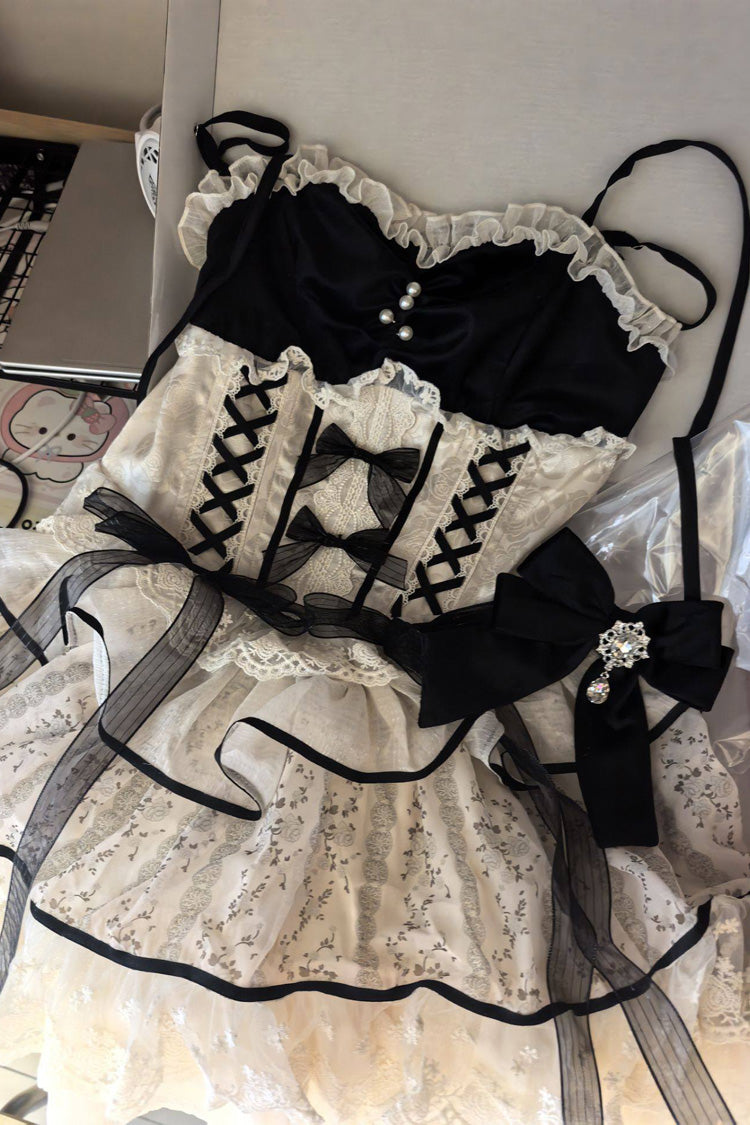 Black/Apricot [Holiday Ball] Sleeveless Multi-Layered Printed Ruffled Bow Lace Ballet Sweet Lolita Jsk Dress
