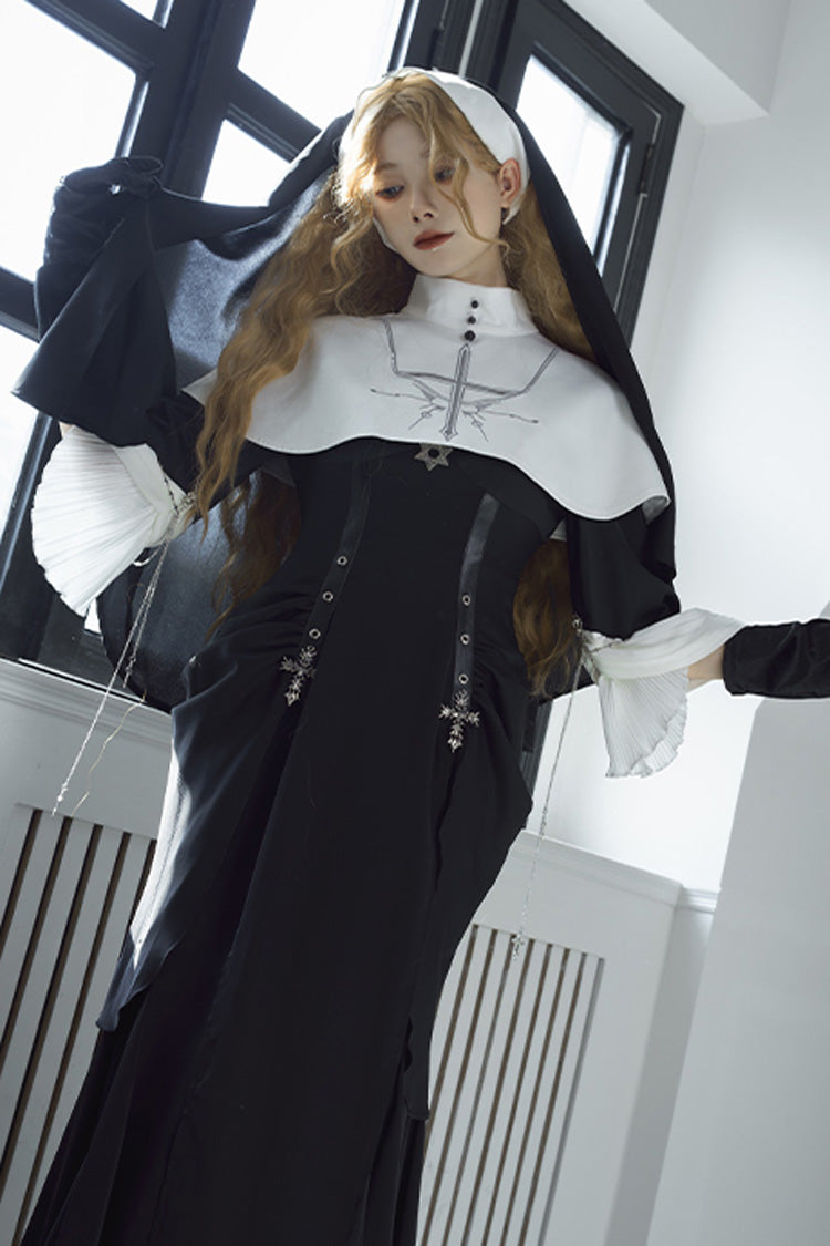 Black [Halloween Night Temple Nun] Short Sleeves Print Ruffle Gothic Elegant Lolita Dress