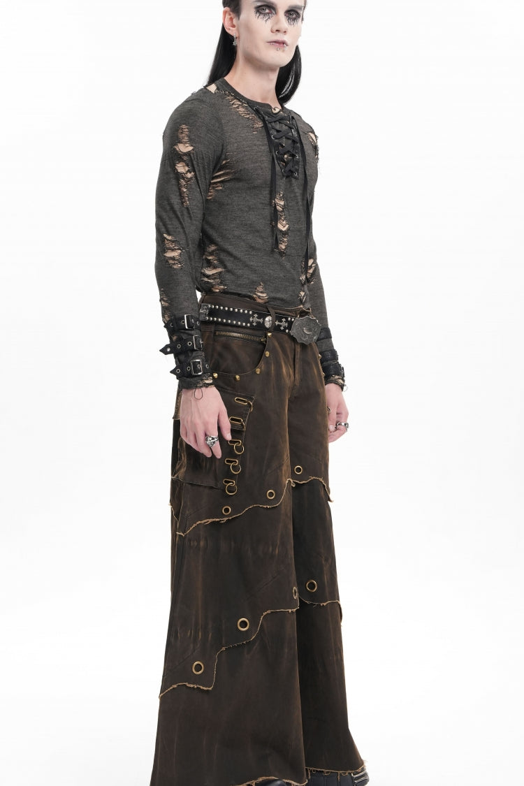 Coffee Eyelet Men's Gothic Pants Pocket Trousers