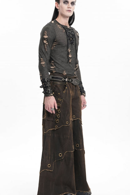 Coffee Eyelet Men's Gothic Pants Pocket Trousers