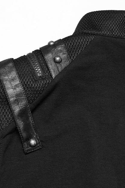 Black Stand Collar Sleeveless Stitching Mesh Zipper Men's Punk Vest