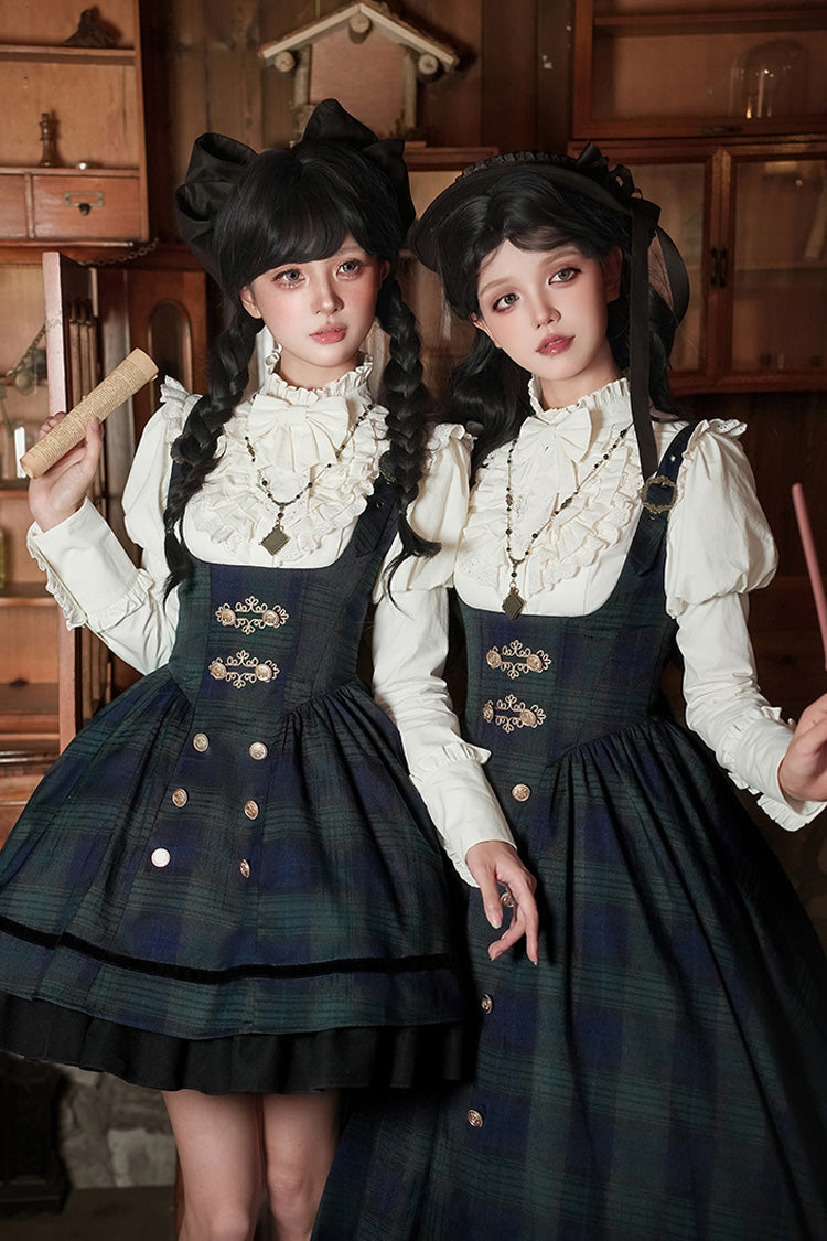 Blue/Green [Berlin's letter] Double-Layered Plaid Print Ruffle Bowknot Classic College Style Lolita Strap Dress Set 2 Versions
