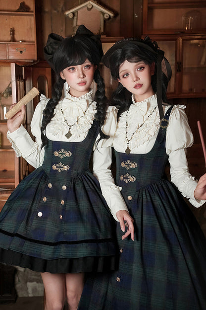 Blue/Green [Berlin's letter] Double-Layered Plaid Print Ruffle Bowknot Classic College Style Lolita Strap Dress Set 2 Versions
