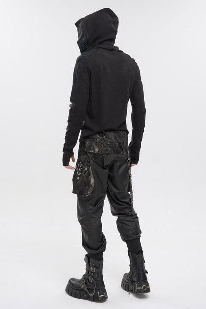 Black Trendy Dark Tether V-Neck Panel Knit Hooded Men's Punk T-Shirt