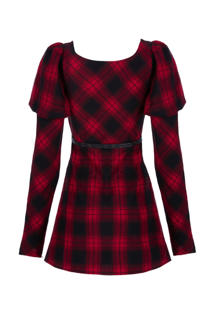 Black/Red Lattice High Waist Long Sleeve Women's Steam Punk Belted Dress