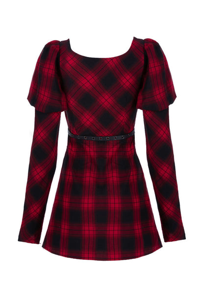 Black/Red Lattice High Waist Long Sleeve Women's Steam Punk Belted Dress