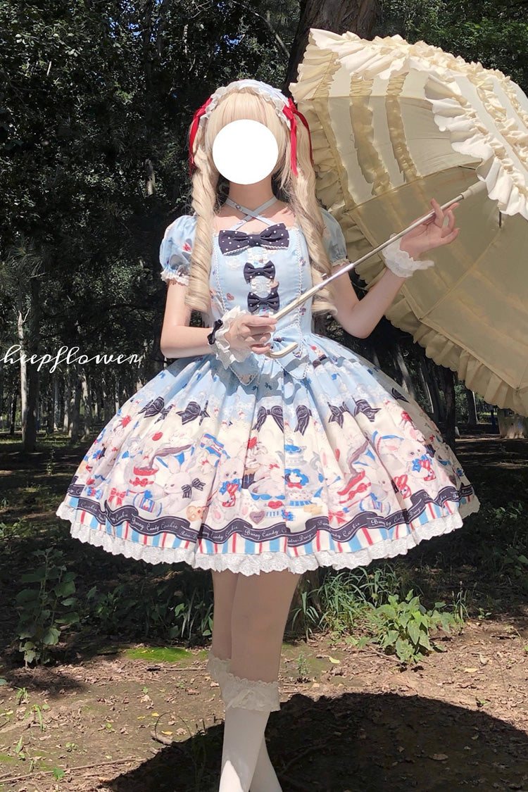 Blue [Mystery Rabbit Tea Party] Square Collar Short Sleeves Print Ruffle Bowknot Lace Sweet Lolita Dress