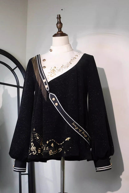 Black [Song Of Tomorrow] Long Sleeves Embroidery Asymmetric Gothic College Style Ouji Lolita Full Set