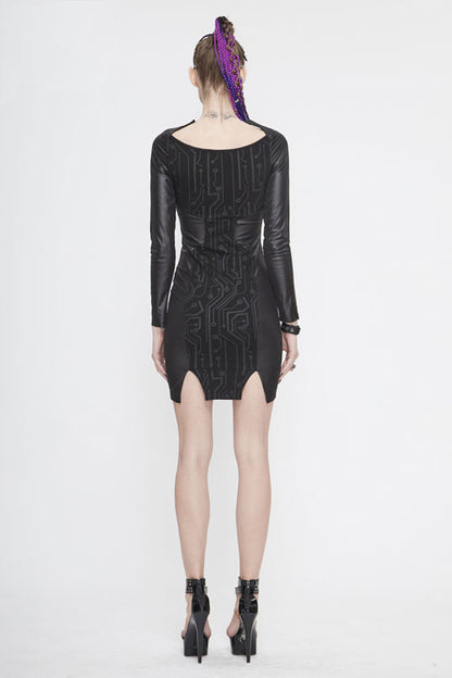 Black Punk Long Sleeve Circuit Board Print Waist Rope Womens Dress