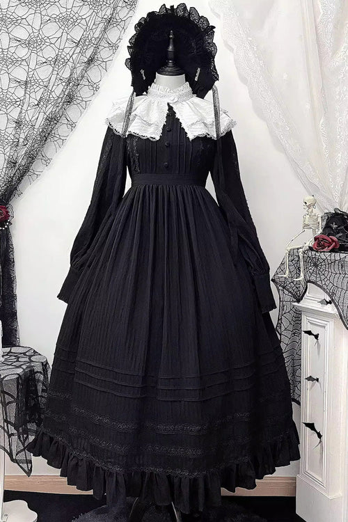 Black/White [Quiet Place] Long Sleeves Jacquard Ruffle Embroidery Bowknot Gothic Lolita Dress