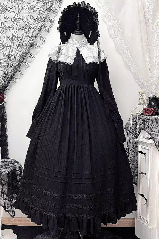 Black/White [Quiet Place] Long Sleeves Jacquard Ruffle Embroidery Bowknot Gothic Lolita Dress
