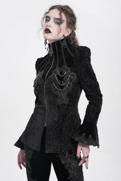 Black Stand Collar Long Trumpet Sleeves Embroidery Women's Gothic Jacket