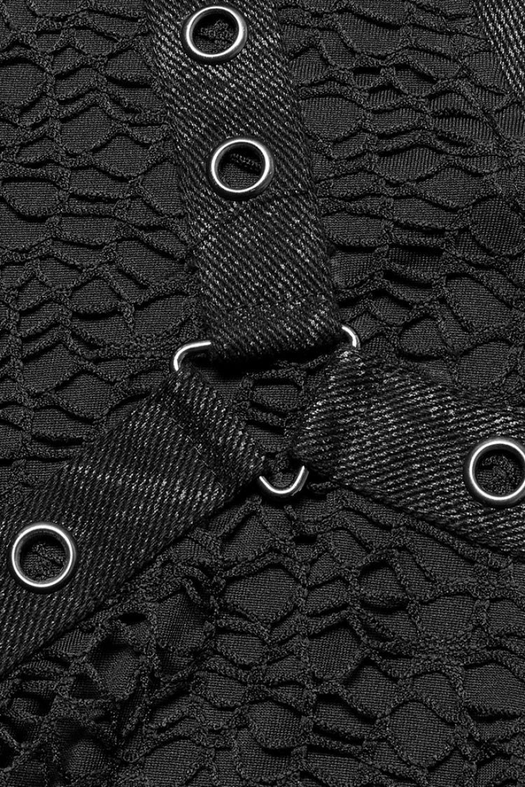 Black Short Sleeves Buckle Stitching Mesh Men's Steampunk T-Shirt