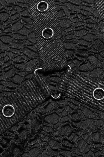 Black Short Sleeves Buckle Stitching Mesh Men's Steampunk T-Shirt