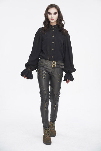Black Stand Collar Lantern Sleeves Print Lace Women's Punk Blouse