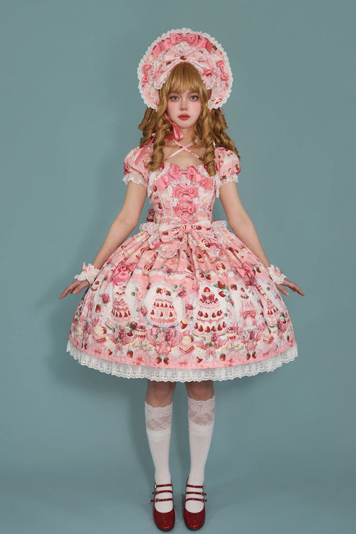 [Strawberry Cake Bouquet] Print Square Collar Short Sleeves Bowknot Lace Sweet Lolita Dress 3 Colors
