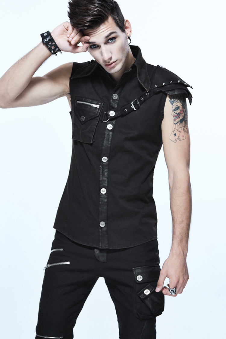 Black Sleeveless Twill One-Shoulder Armor Heat Seal Men's Punk Shirt