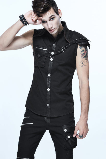 Black Sleeveless Twill One-Shoulder Armor Heat Seal Men's Punk Shirt