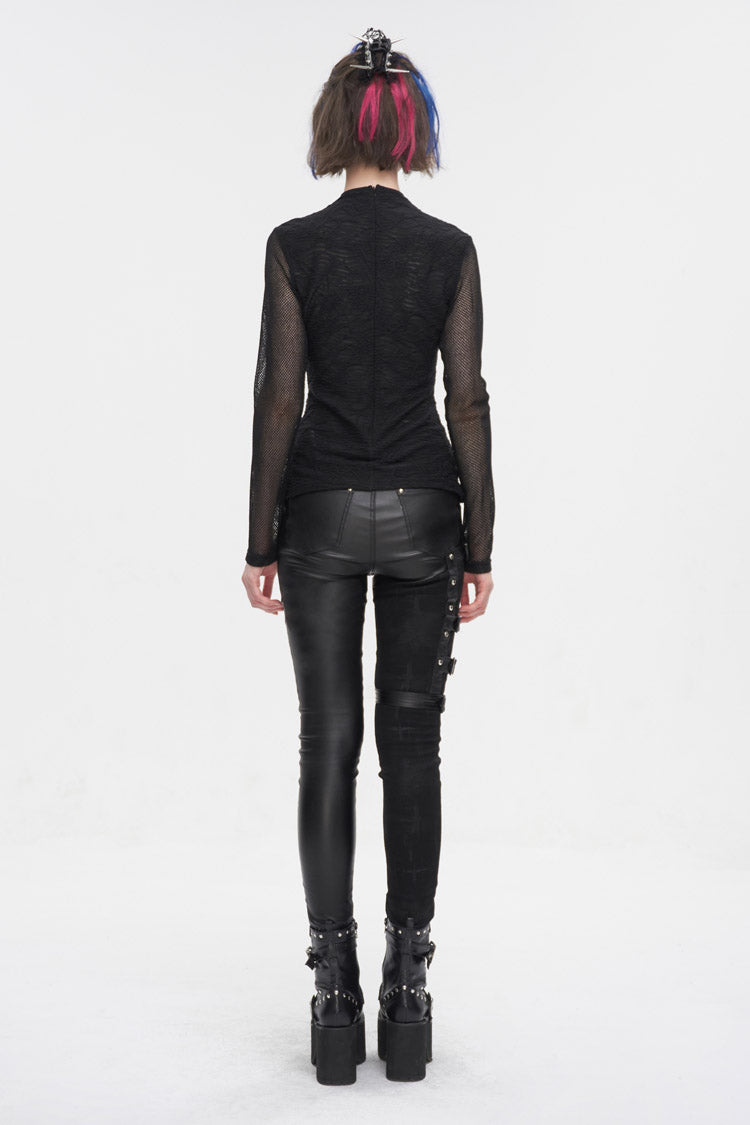 Black Strappy Mesh Splice Ruched Women's Punk Shirt
