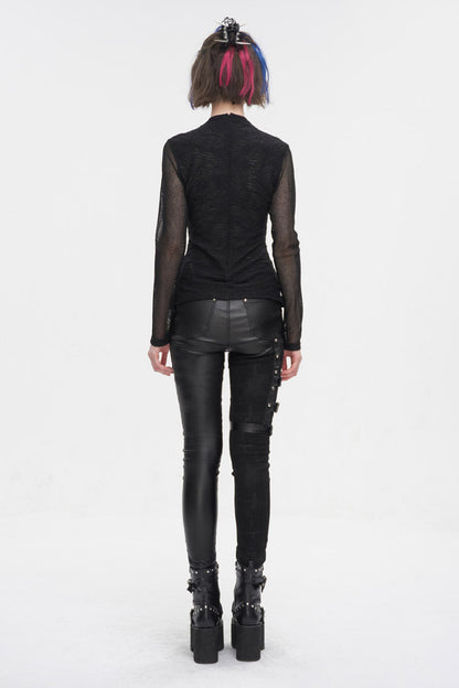 Black Strappy Mesh Splice Ruched Women's Punk Shirt