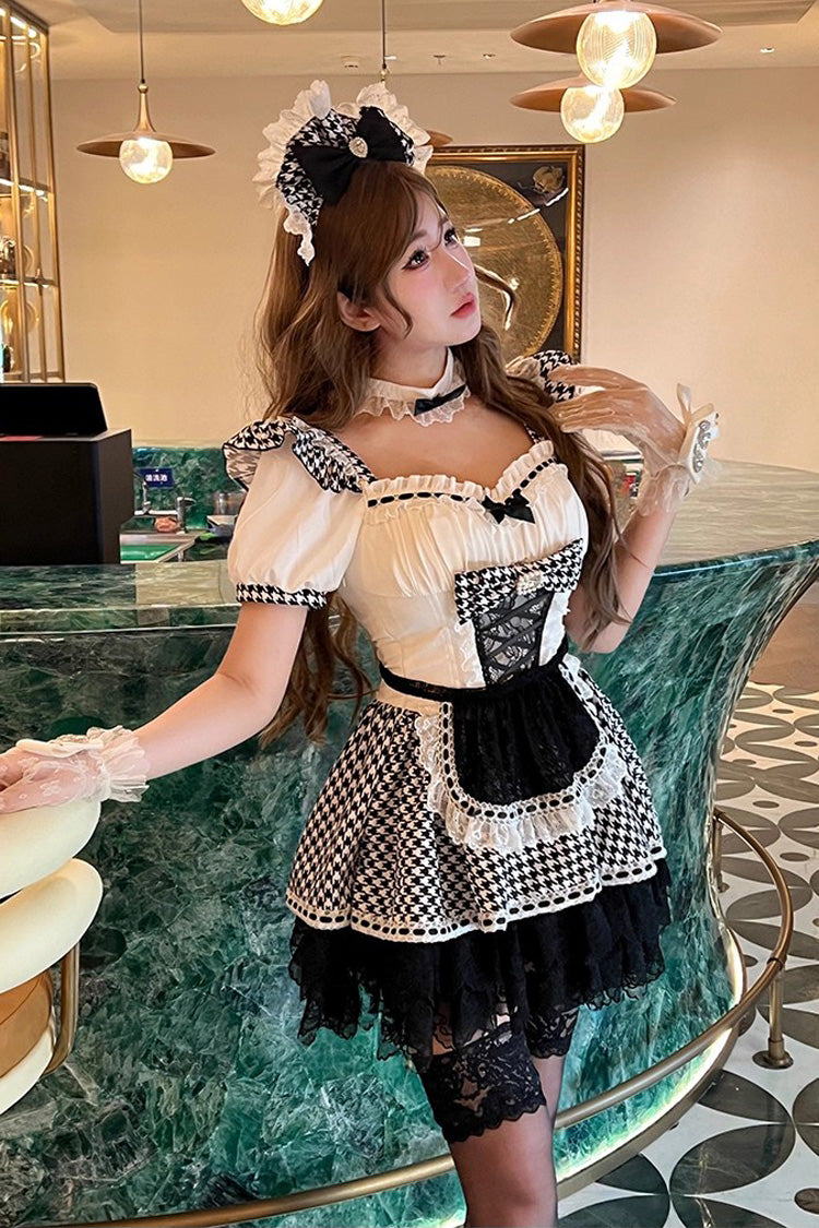 Black/White [Lovely Houndstooth] Square Collar Short Sleeves Print Ruffle Bowknot Lace Maid Sweet Lolita Dress