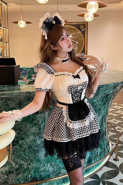 Black/White [Lovely Houndstooth] Square Collar Short Sleeves Print Ruffle Bowknot Lace Maid Sweet Lolita Dress