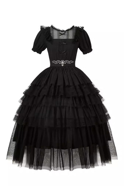Black Twin Ivory Towers Short Sleeves Five-Layered Ruffle Gothic Lolita Dress