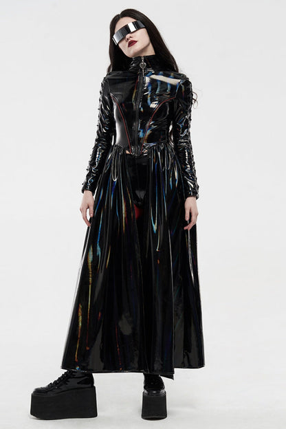 Black Stand Collar Long Sleeves Metal Zipper Lace-Up Womens Steampunk Coat