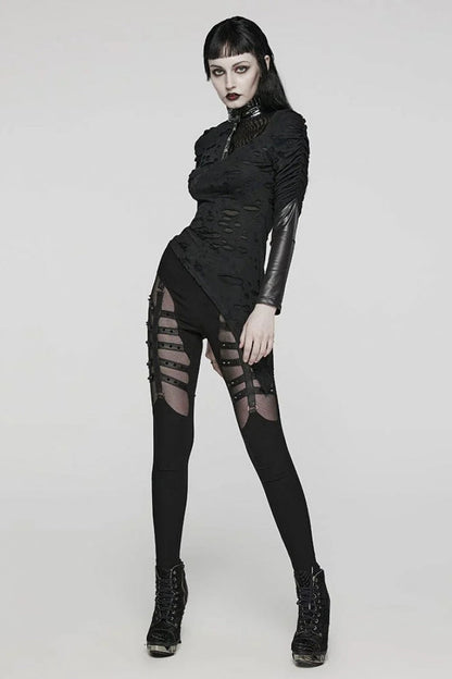 Black Stand Collar Long Sleeves Ruffle Slim Irregular Womens Steampunk T-Shirt