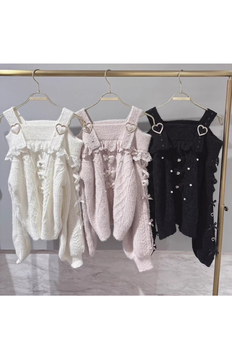 [Fluffy Heart] Boat Neck Long Sleeves Bow Jirai Kei Elegant Knitwear