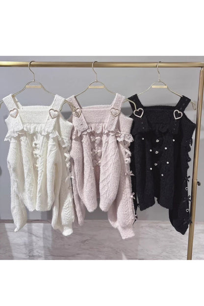 [Fluffy Heart] Boat Neck Long Sleeves Bow Jirai Kei Elegant Knitwear