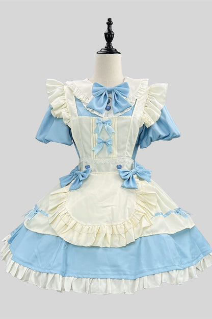 Blue/White Short Sleeves Ruffle Bowknot Lace Plus Size Sweet Maid Short Lolita Dress