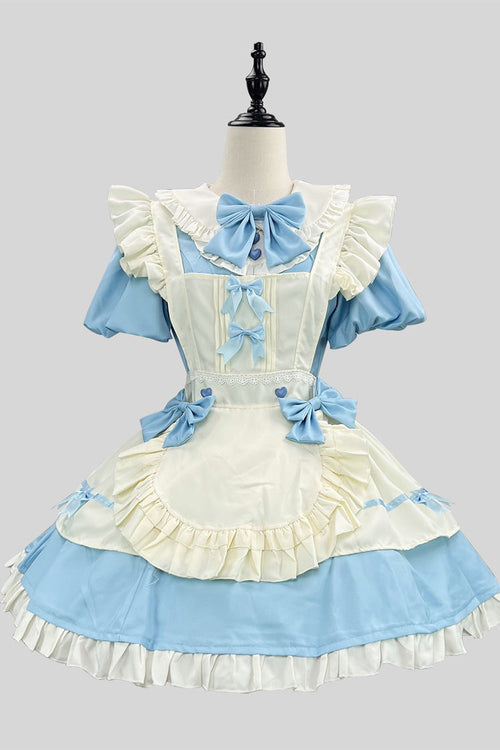 Blue/White Short Sleeves Ruffle Bowknot Lace Plus Size Sweet Maid Short Lolita Dress