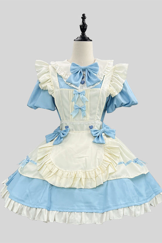 Blue/White Short Sleeves Ruffle Bowknot Lace Plus Size Sweet Maid Short Lolita Dress