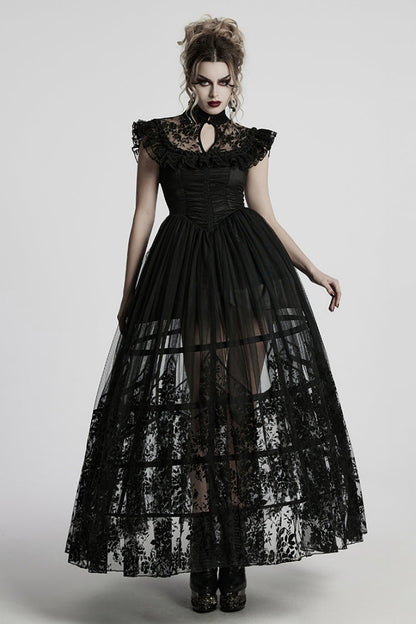 Black Stand Collar Hollow Embroidery Flocking Mesh Women's Gothic Formal Dress