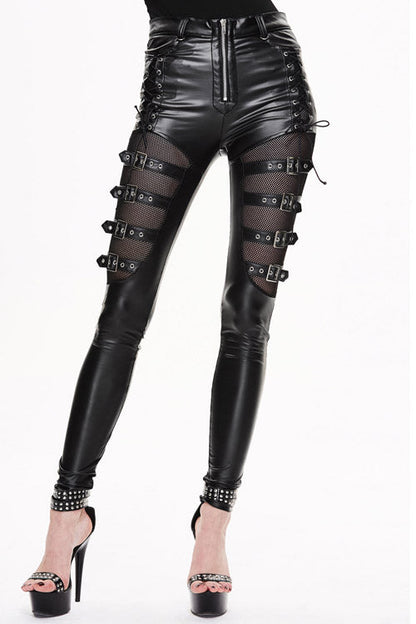 Black Punk Mesh Elastic Biker Leather With Loops Womens Pants