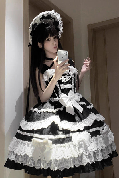 Black/White [Super Cute Belia] Sleeveless Triple-Layered Ruffle Bowknot Lace Gothic Elegant Lolita Jsk Dress