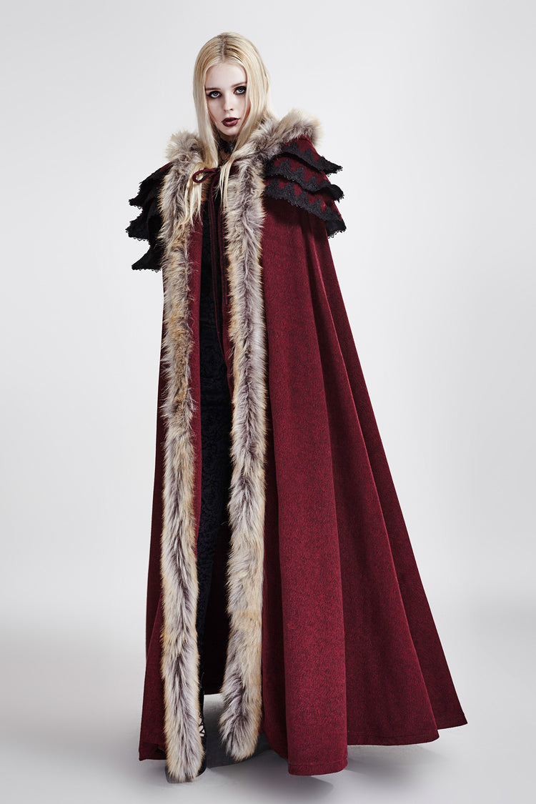 Red Hooded Fur Collar Wool Long Womens Gothic Coat Cloak
