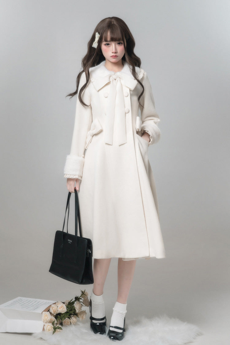 White [First Snow] Doll Collar Long Sleeves Bow Sweet Lolita Coat