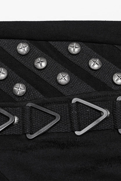 Black Triangular Stitching Mesh Buckle Women's Punk Pants