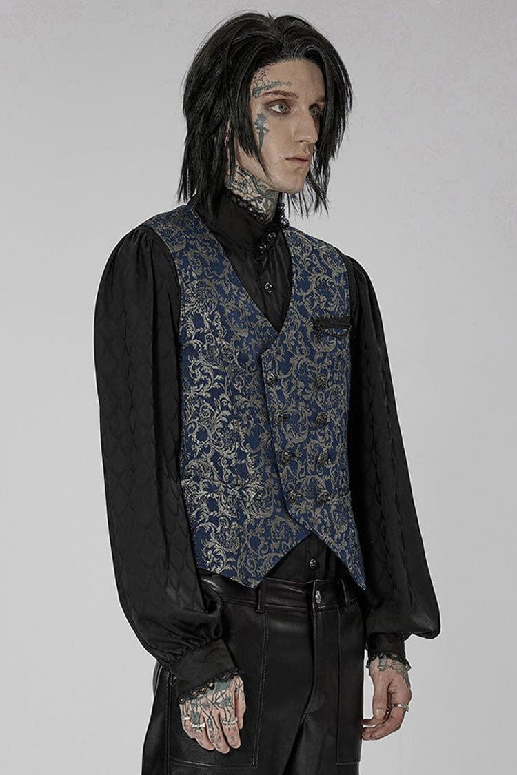 Blue Punk Gorgeous V Neck Asymmetrical Relief Sculpture Jacquard Double Row Hand Seam Button Men's Vest