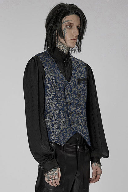 Blue Punk Gorgeous V Neck Asymmetrical Relief Sculpture Jacquard Double Row Hand Seam Button Men's Vest