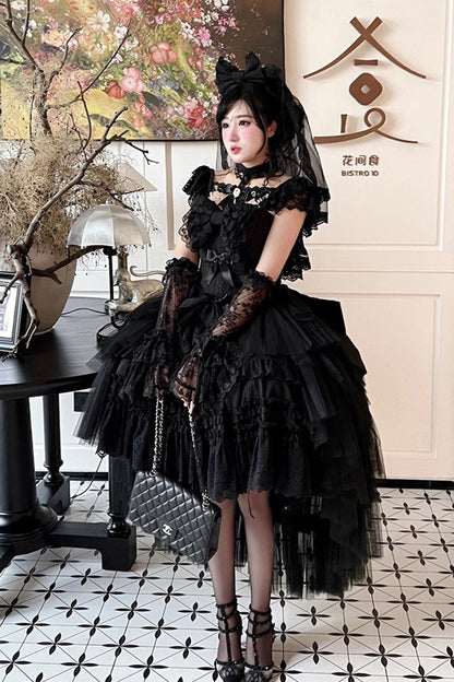 Black [Jewelry Love Story] Halterneck Ruffle Hanayome Bowknot Lace Gothic Lolita Dress